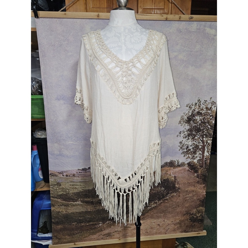 Vivid Women's Beige Semi Sheered Gauze Short Sleeve Crochet Fringed Boho  2X